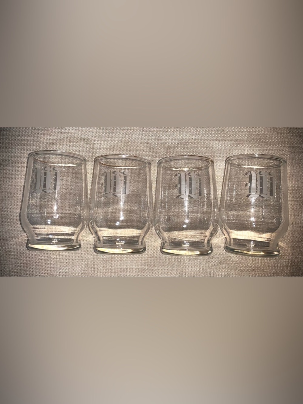 (4) Vintage Etched W Monogram Gold Rim Glasses